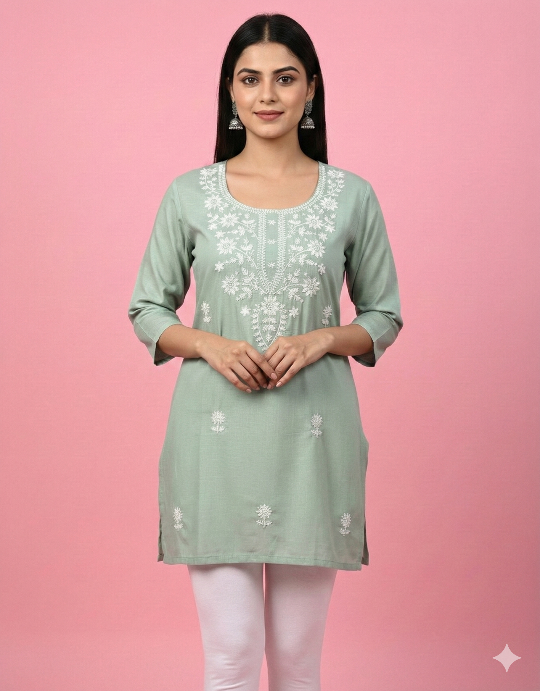 Sea Green Embroidered Straight Short Kurti for Women Size XL