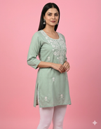 Sea Green Embroidered Straight Short Kurti for Women Size XL