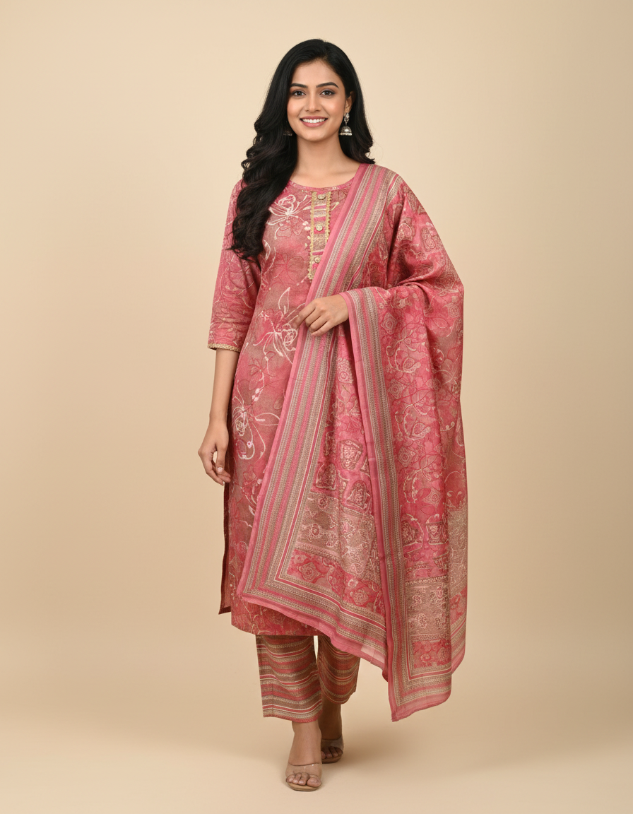 Rose Gold Rayon Kurti Set With Dupatta – Size XL