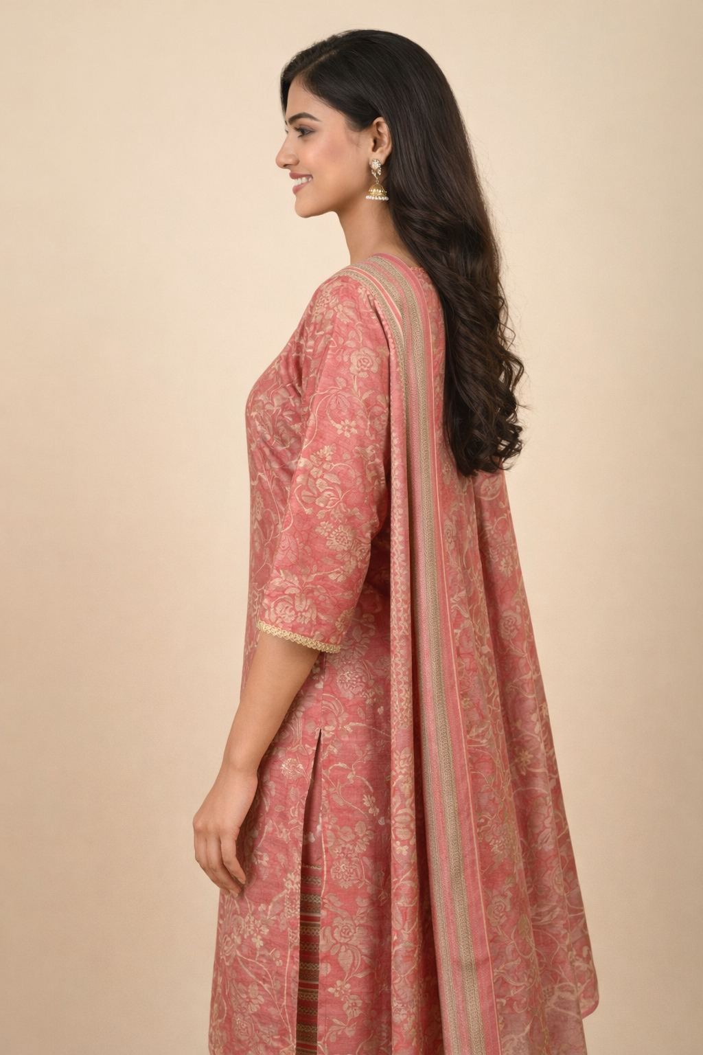 Rose Gold Rayon Kurti Set With Dupatta – Size XL