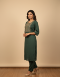 Women Emerald Green Kasida Embroidered Straight Kurta Set with Pant Size XL