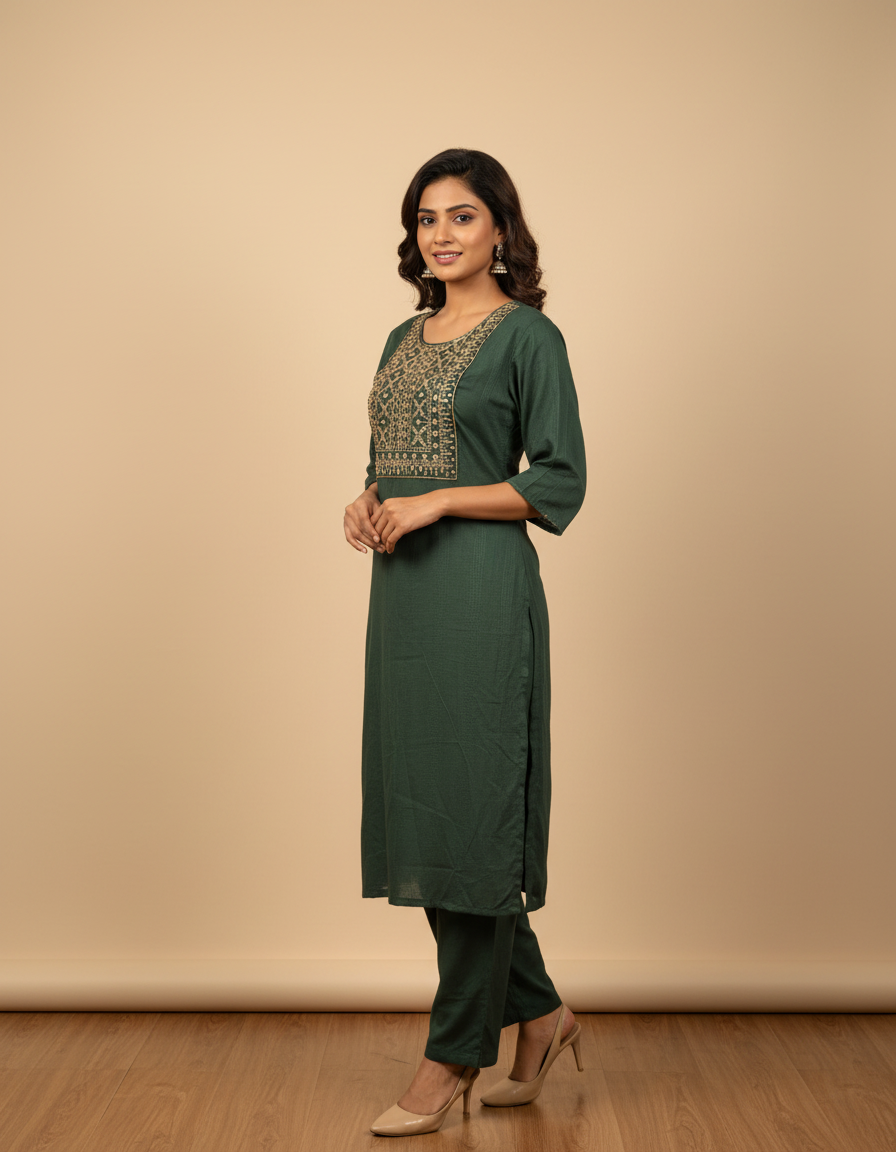 Women Emerald Green Kasida Embroidered Straight Kurta Set with Pant Size XL