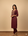 Women Maroon Kasida Embroidered Straight Kurta Set with Pant Size XL
