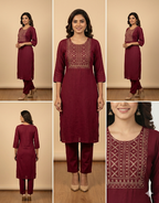 Women Maroon Kasida Embroidered Straight Kurta Set with Pant Size XL